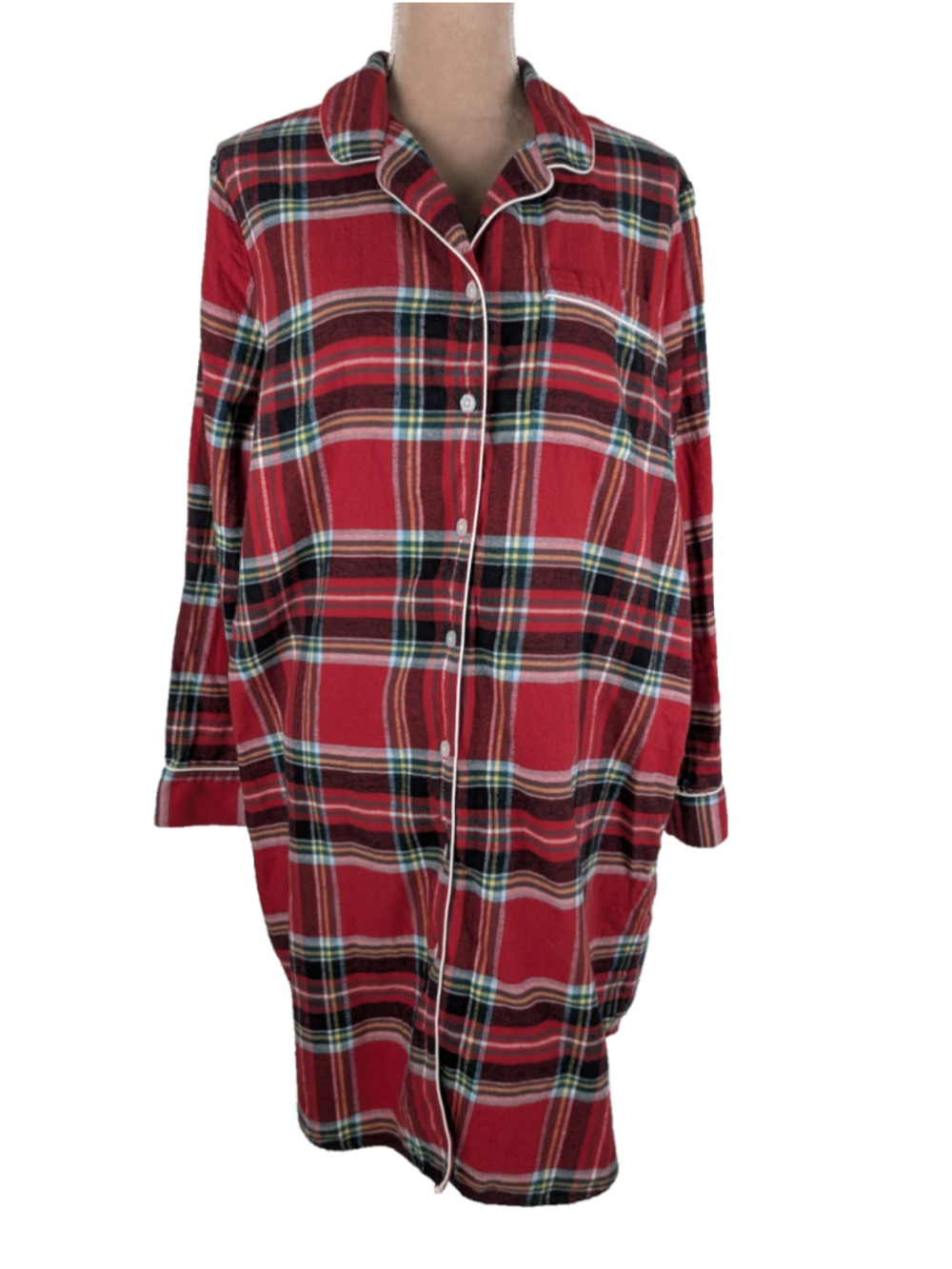 Lands End Red Plaid Tartan Flannel Sleep Shirt Size L Cabincore Cozy Grunge 90s
